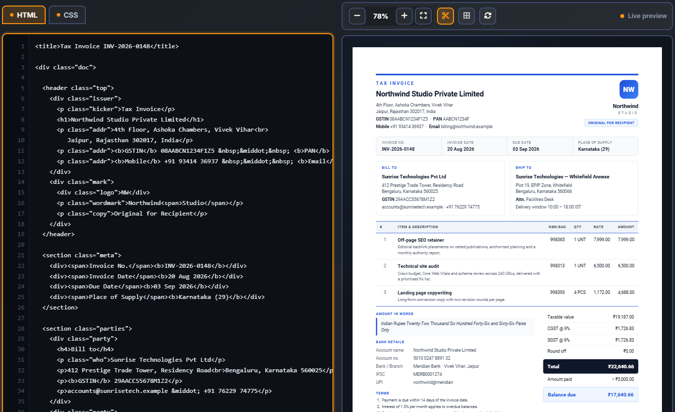 HTML editor on the left and live paper preview on the right showing a tax invoice
