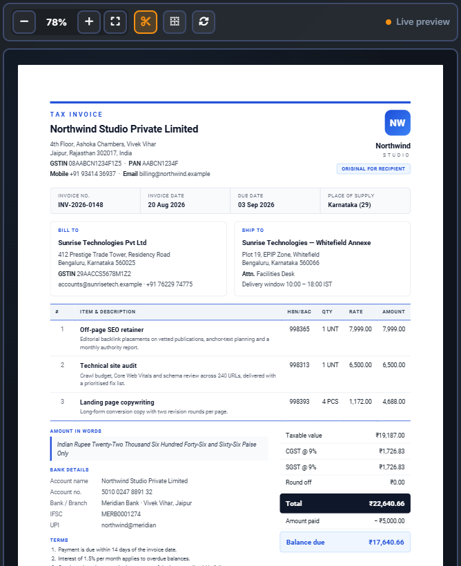 Live paper preview of a styled tax invoice with zoom and page-break controls