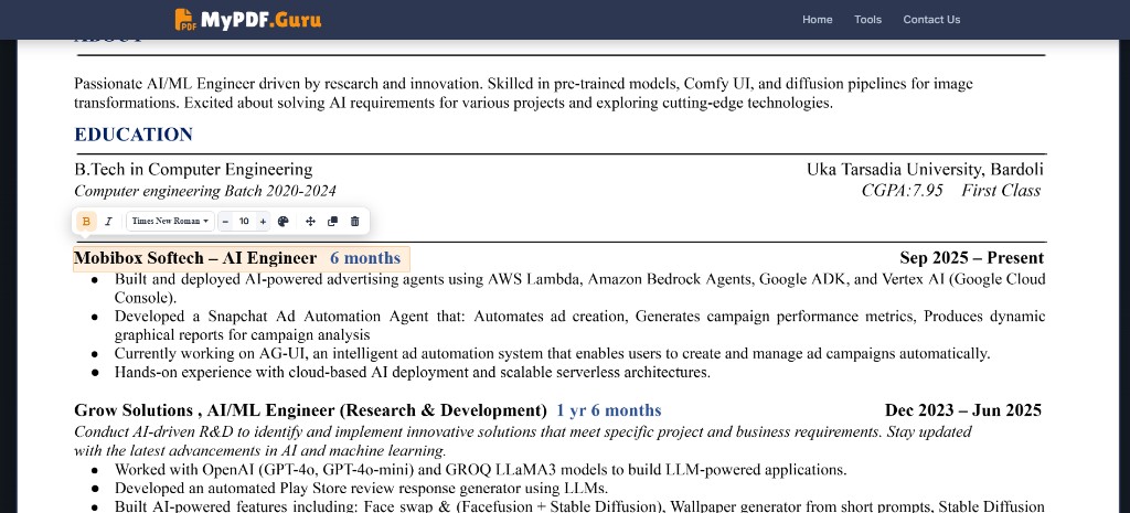 Edit Text: the same resume line updated in place