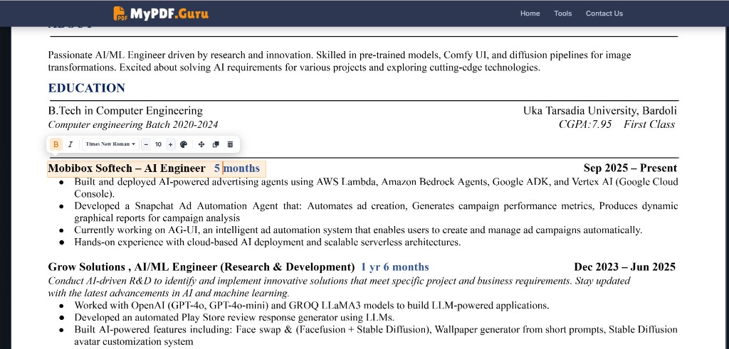 Edit Text: click a line on the resume to open the inline editor