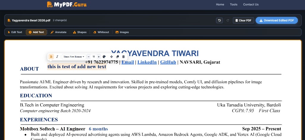 Add Text placing new text on the PDF page